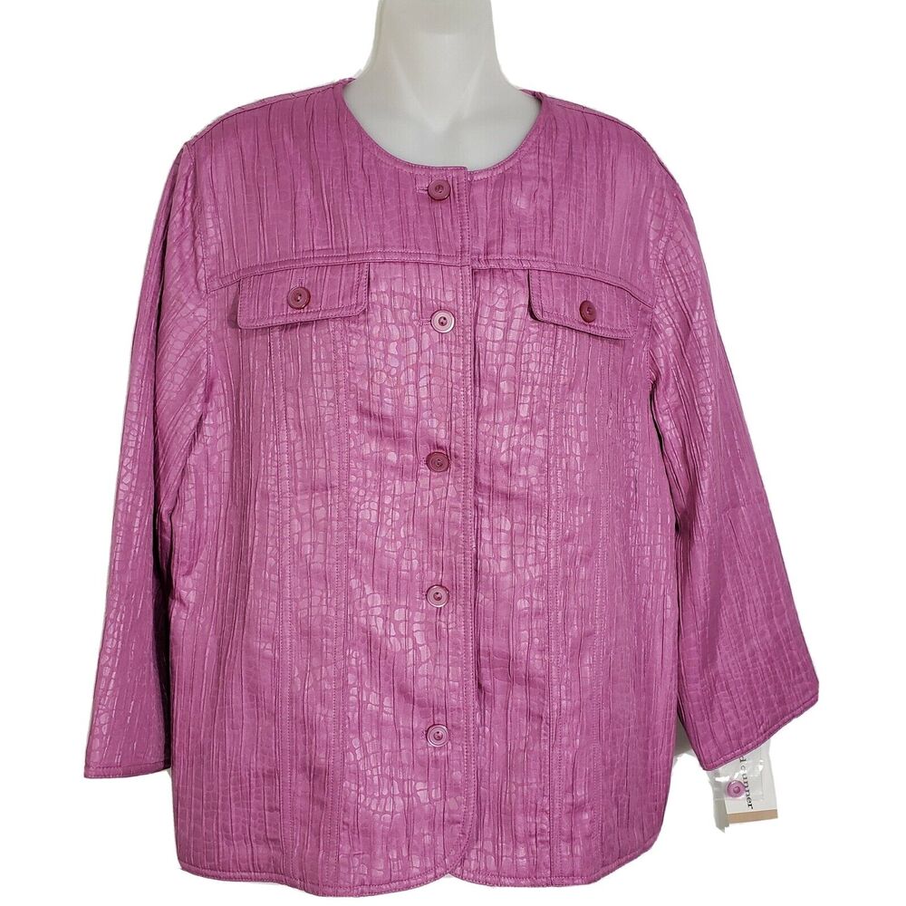 Alfred Dunner Womens Jacket Sz 12 Raspberry Button Front Side Pockets 3/4 Sleeve
